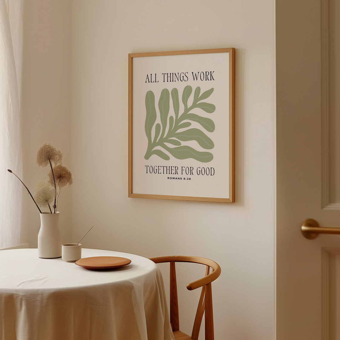 Romans 8:28 All Things Work Together for Good Sage Leaf Art Poster - Image 3