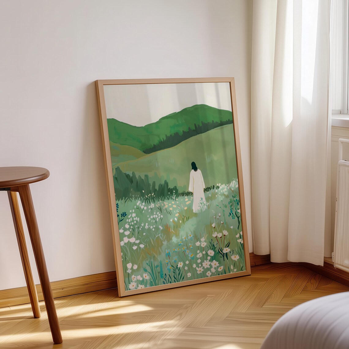 Jesus In The Green Pasture Wildflower Meadow Christian Painting Poster - Image 2