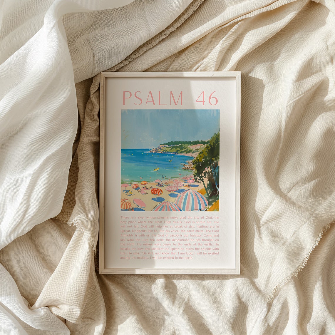 Psalm 46 Sunny Beach Umbrella Painting Pink Scripture Verse Poster - Image 4