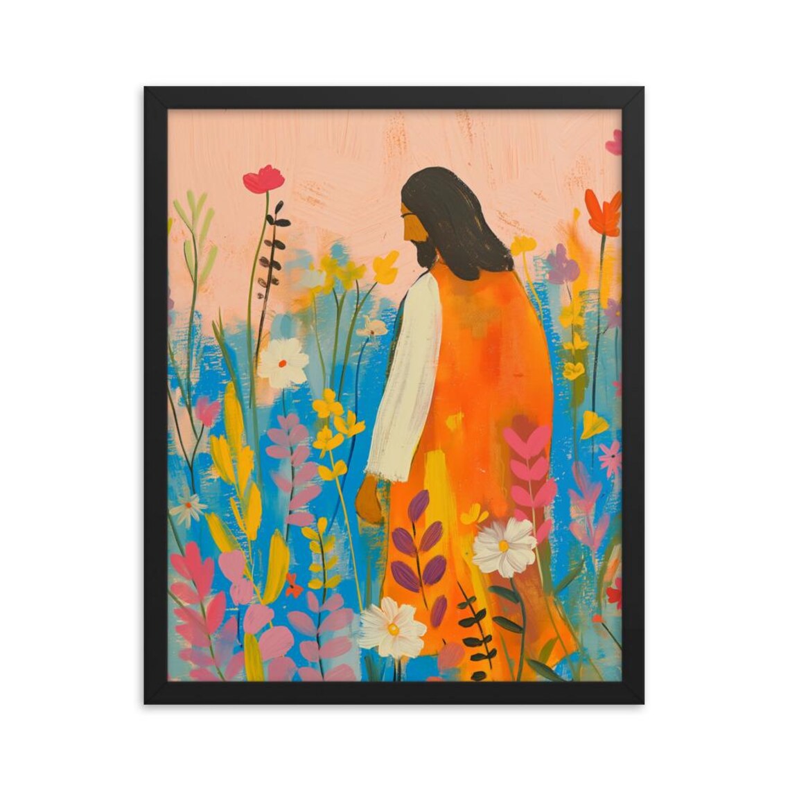 Jesus Walking Among Wildflowers Colorful Floral Painting Poster - Image 2