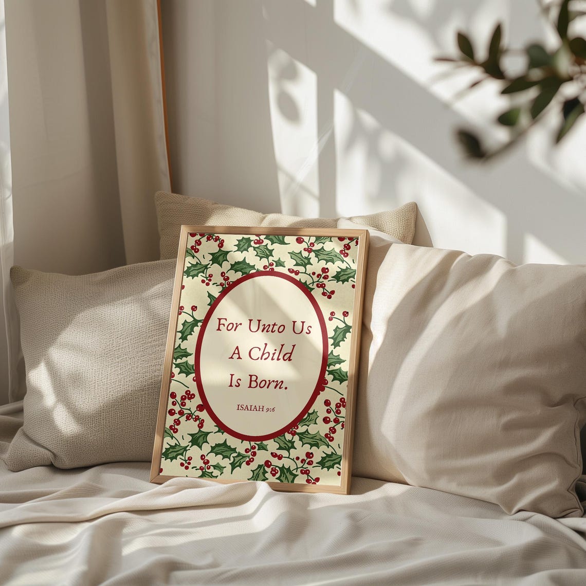 For Unto Us A Child Is Born Isaiah 9:6 Holly Berry Border Poster - Image 3