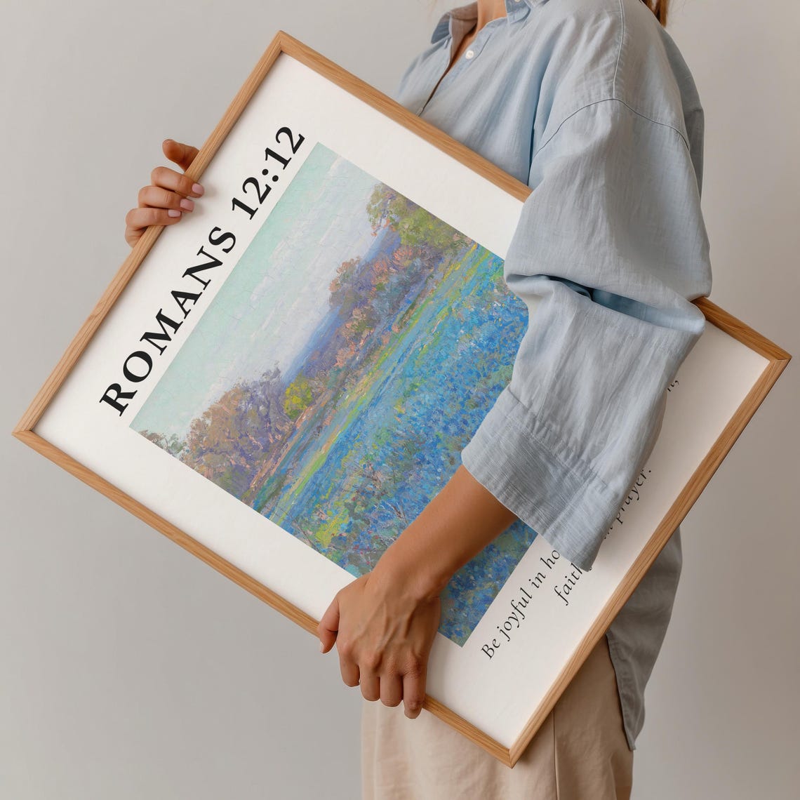 Romans 12:12 Blue Wildflower Vintage Painting Scripture Verse Poster - Image 2