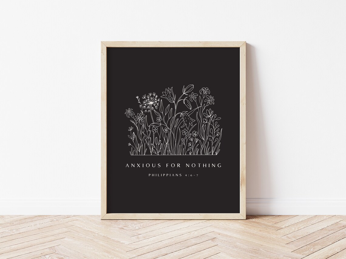 Anxious for Nothing Philippians 4:6-7 Dark Botanical Line Art Flower Poster - Image 3