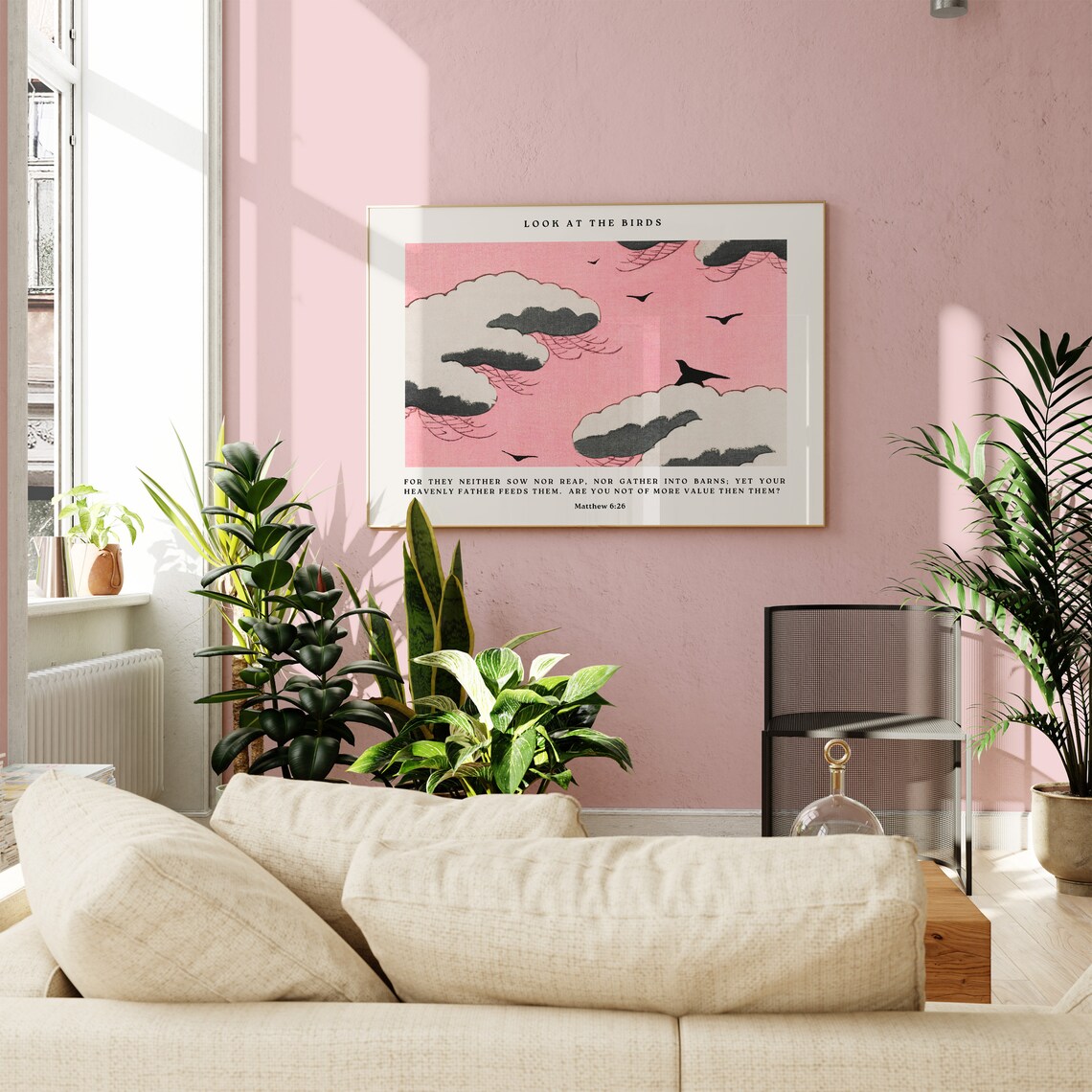 Look at the Birds Matthew 6:26 Pink Japanese Woodblock Sky Clouds Poster - Image 4
