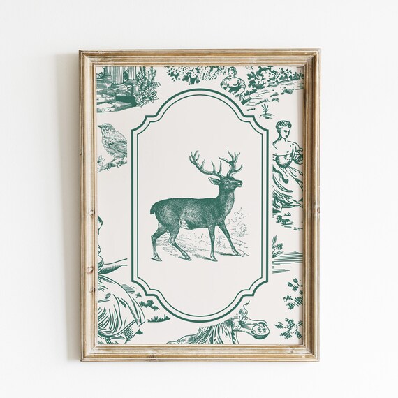 Green Toile Stag Deer Woodland Farmhouse Rustic Vintage Animal Poster