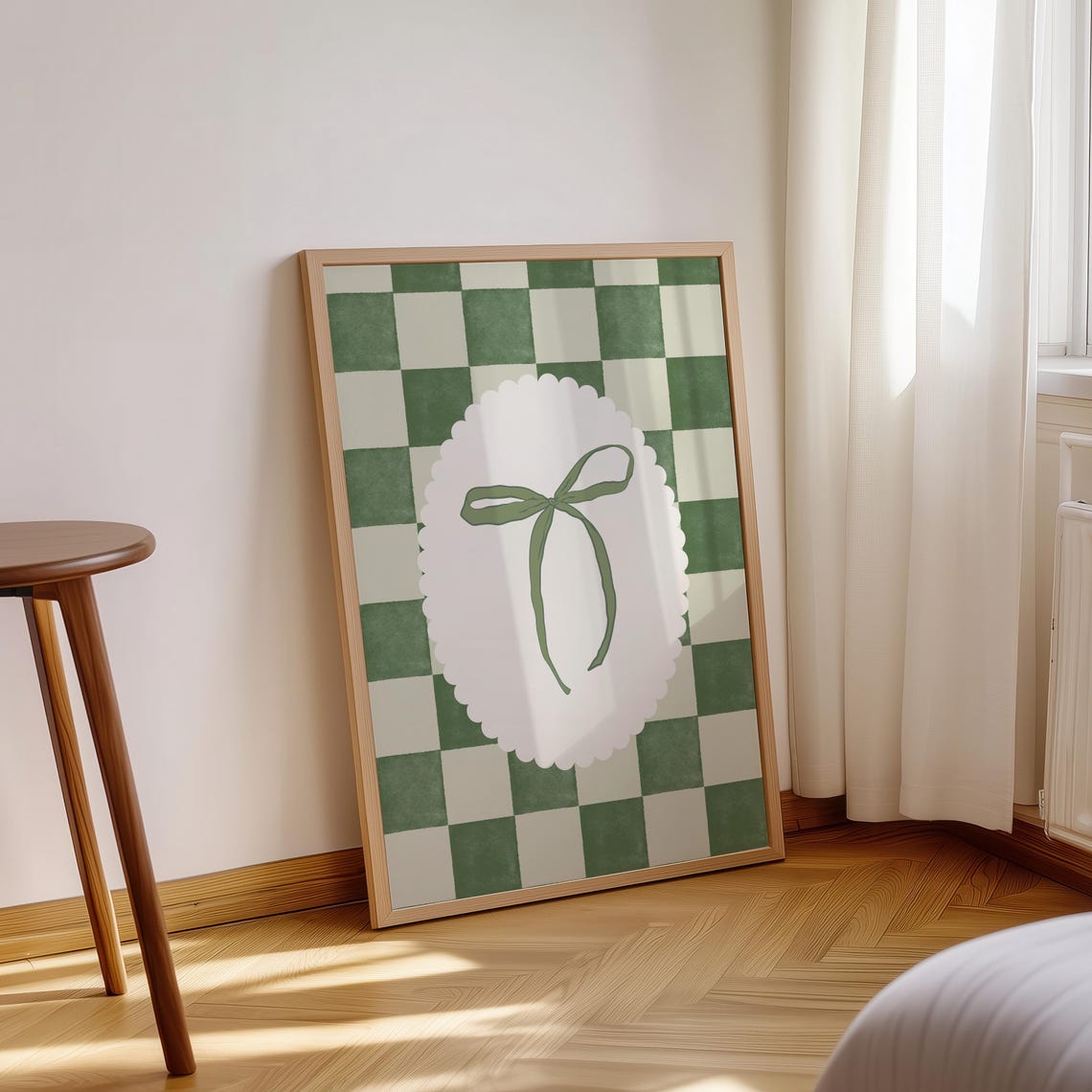 Sage Green Bow Scalloped Checkered Coquette Dorm Room Art Print - Image 3