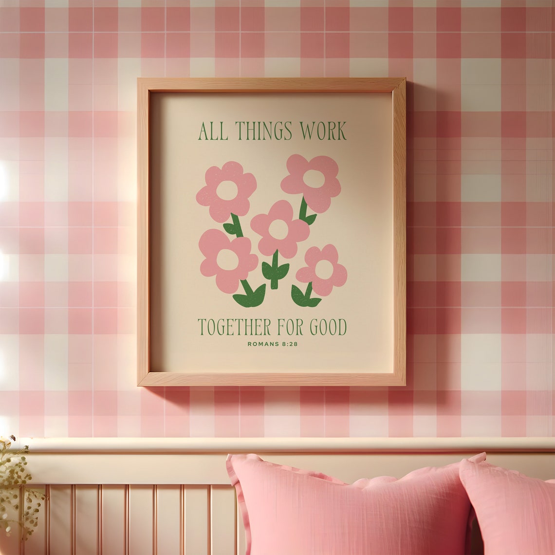 All Things Work Together for Good Romans 8 28 Pink Floral Poster - Image 4