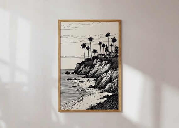 California Coast Palm Tree Cliff Vintage Ink Sketch Landscape Print