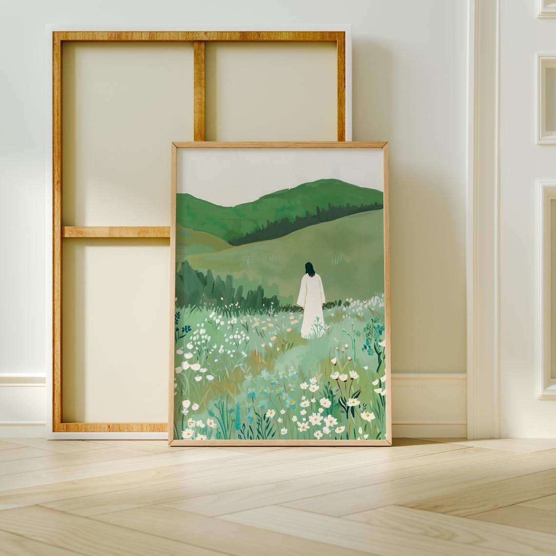 Jesus In The Green Pasture Wildflower Meadow Christian Painting Poster - Image 3