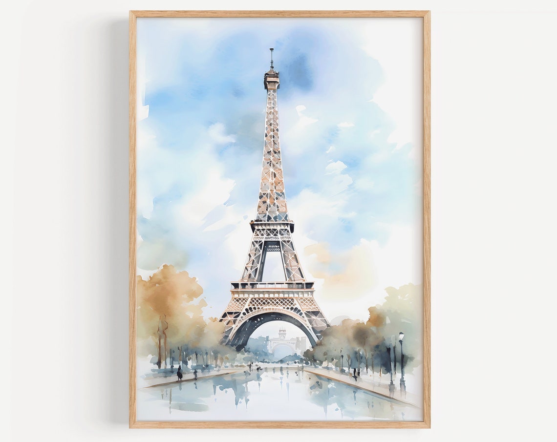 Paris Eiffel Tower Watercolor Landmark Soft Blue Sky Art Poster
