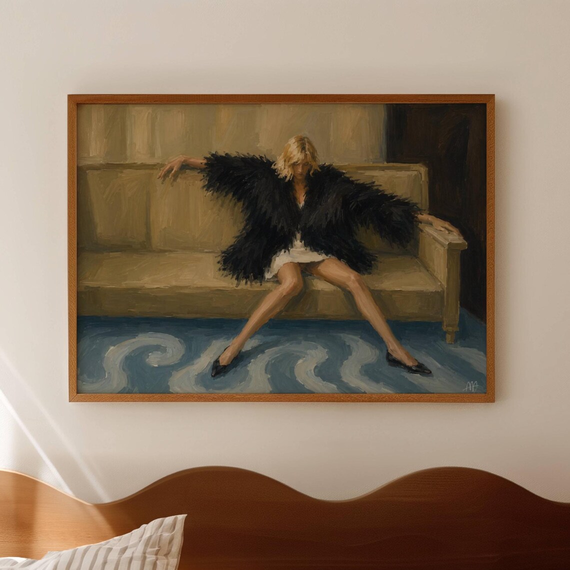 Abstract Fashion Woman In Sofa With Fur Oil Painting Print Horizontal Above Bed Contemporary Wall Art Hand Drawn Mid Century Retro Poster