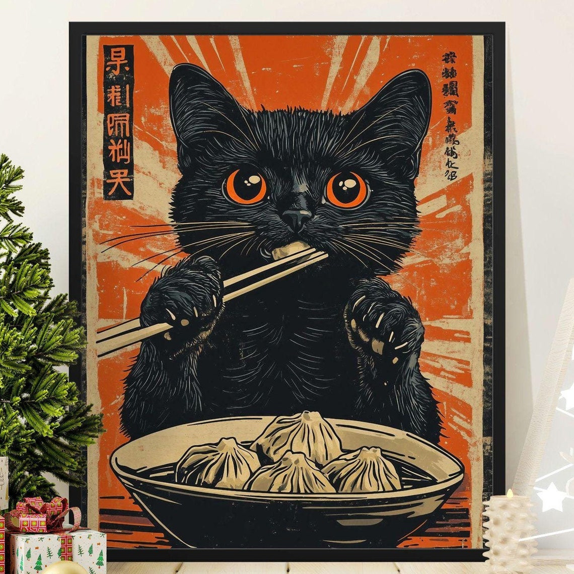 Japanese Black Kitten Eating Dumplings Retro Style Cat Poster Art