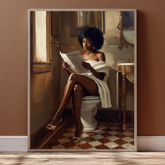 Black Bathroom Wall Art Women Oil Painting Toilet Fashion Decor Instant Modern