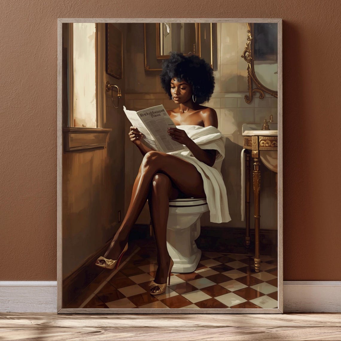 Elegant Black Woman Oil Painting Reading Newspaper Chic Bathroom Print