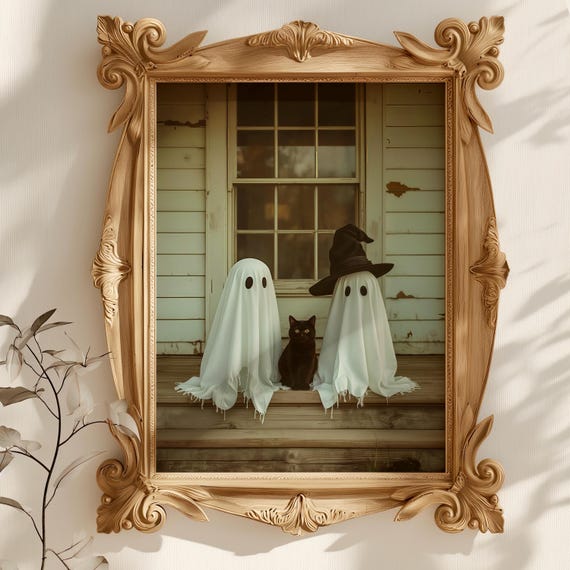 Cute Print Vintage Halloween Oil Painting Wall Art 2 Ghosts With Black Cat Trendy Decor Spooky Witch Hat