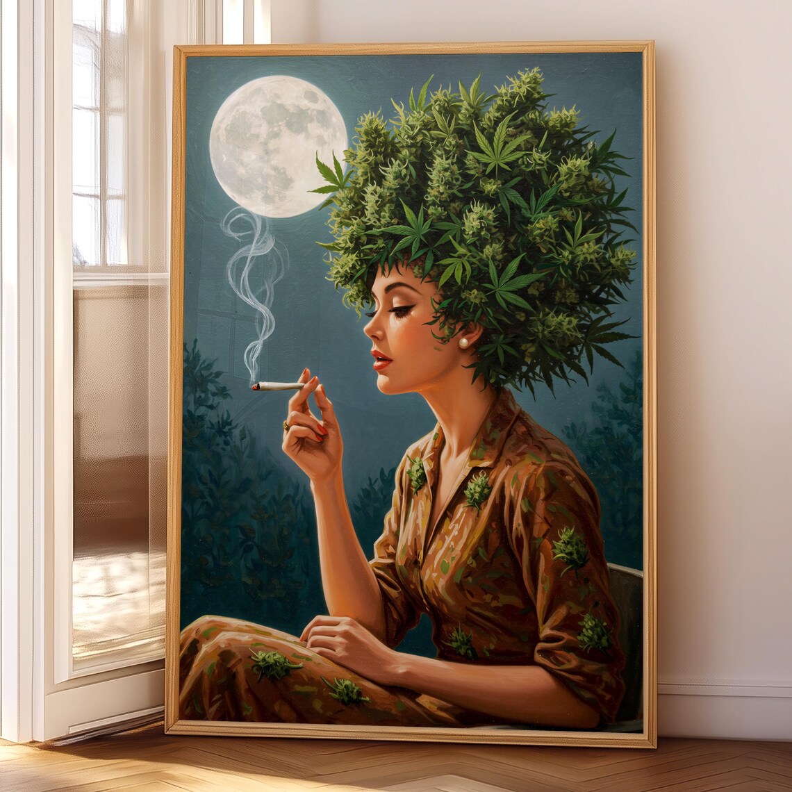 Surreal Retro Cannabis Lady Smoking Beneath a Full Moon Psychedelic Poster