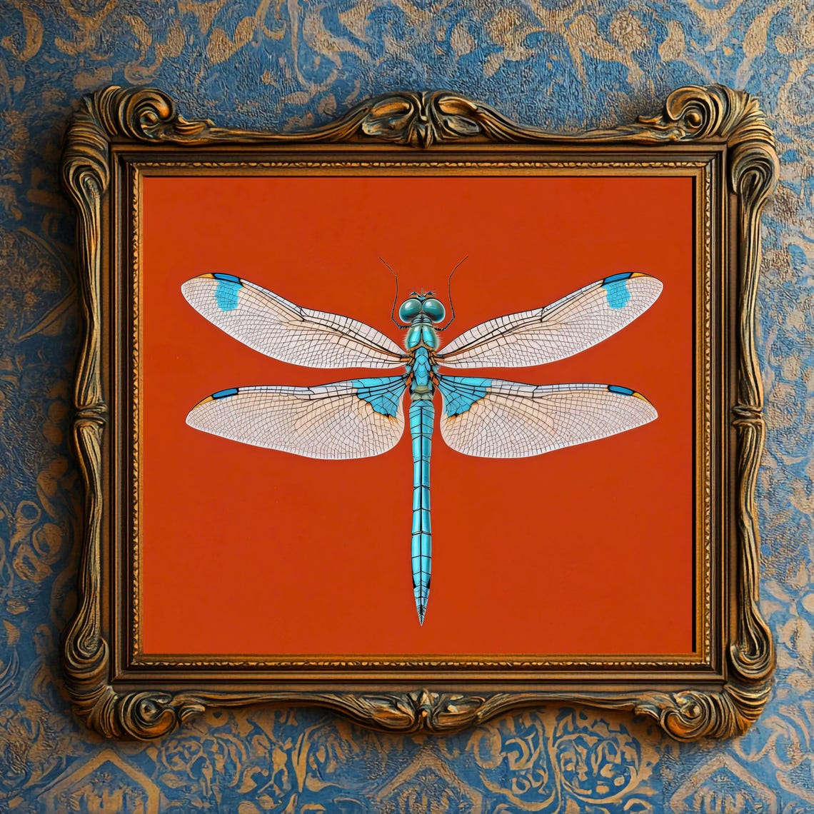 Turquoise Dragonfly On Burnt Orange Vintage Insect Illustration Poster