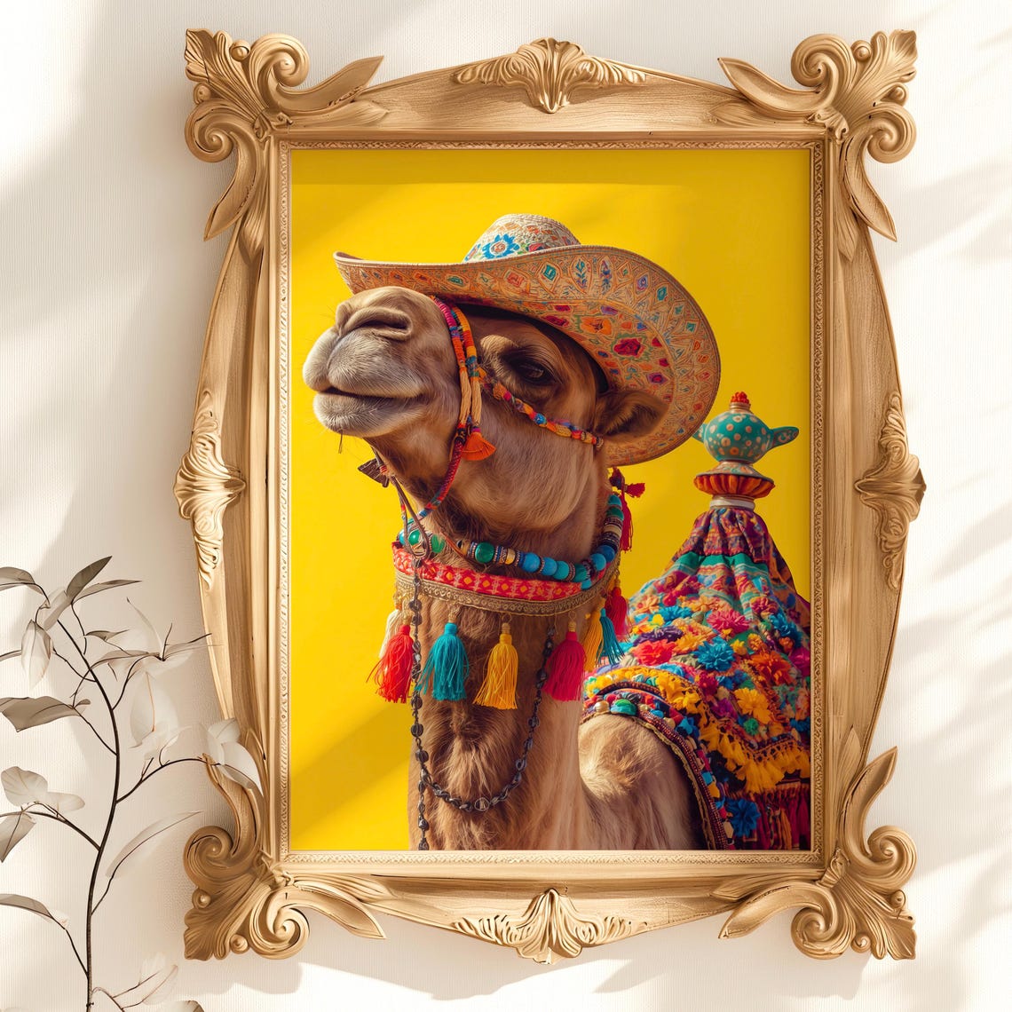 Colorful Camel Portrait Festive Hat Tassels Yellow Boho Wall Art