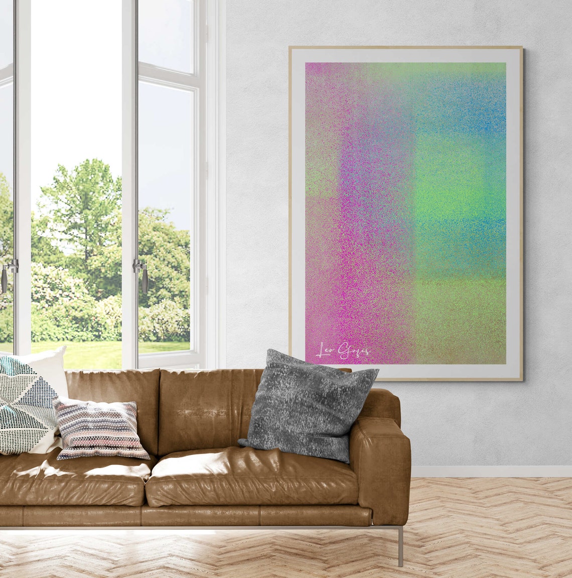 Pastel Pink and Teal Gradient Stipple Texture Abstract Art Print - Image 2