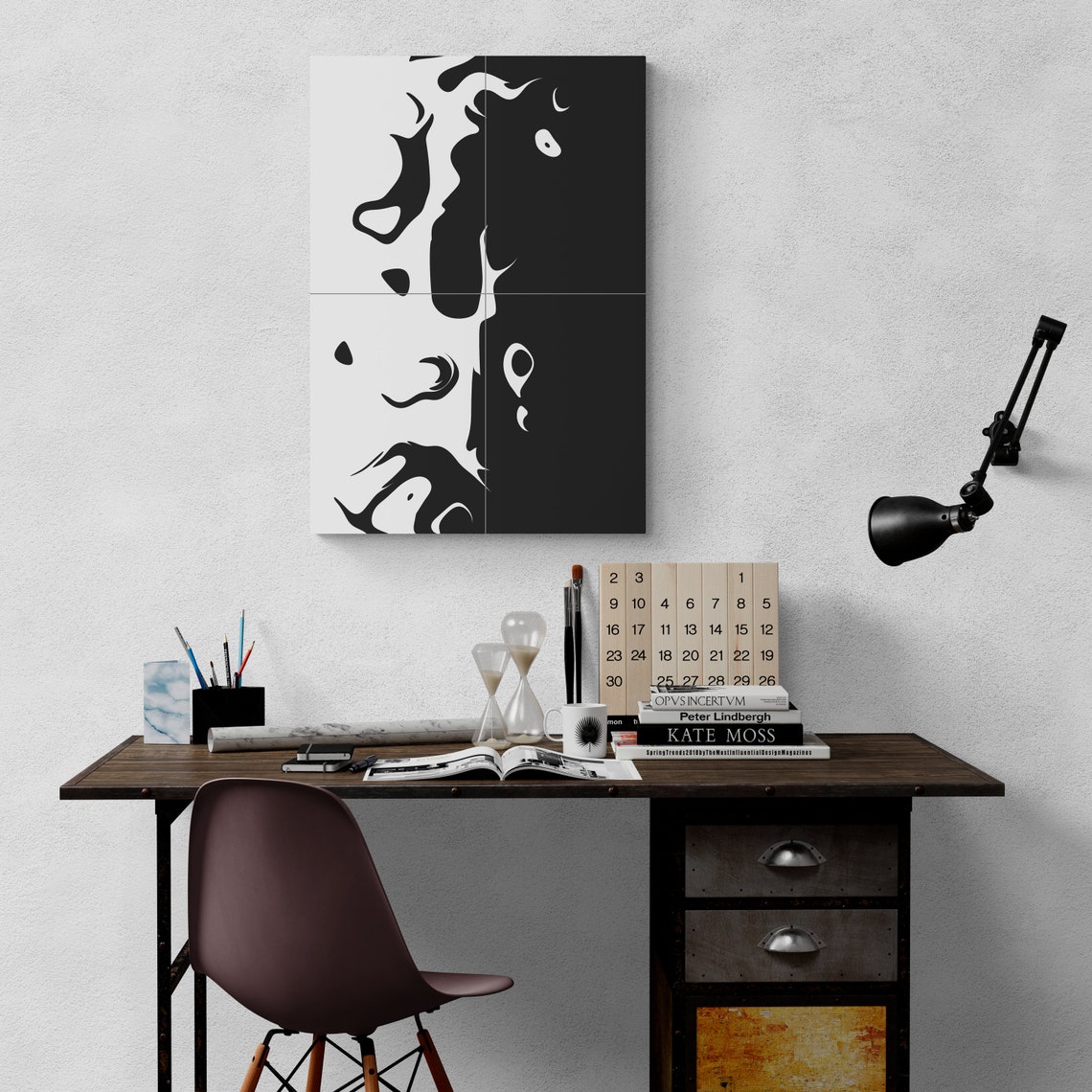 Rooster Head in Black and White Abstract Silhouette Art Poster - Image 5