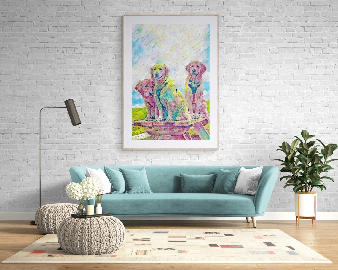 Three Golden Retrievers on a Picnic Table Watercolor Dog Print - Image 8