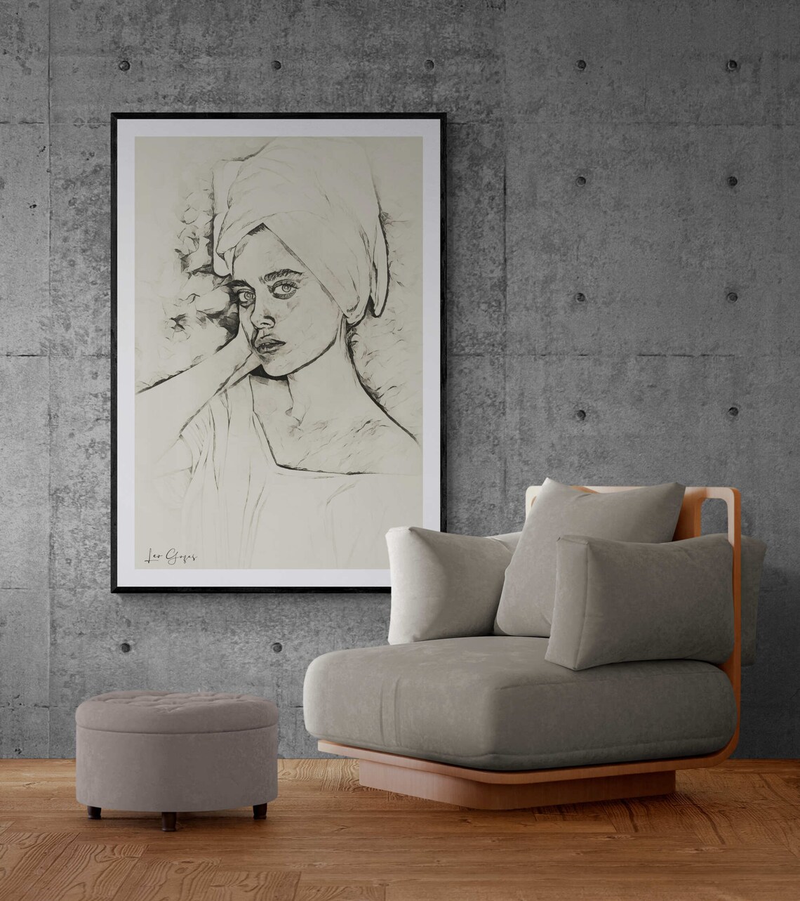 Woman With Turban Pencil Sketch Drawing Black White Art Poster - Image 3