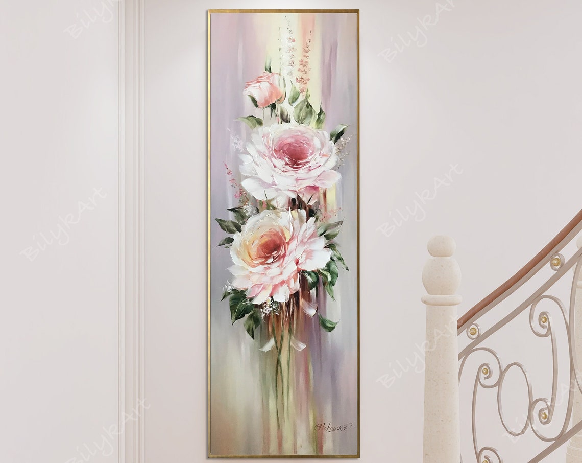 Long Narrow Wall Art Abstract Roses Flowers Oil Painting Tall Wall Art Beige Flowers Painting Long Painting Vertical Narrow Room Wall Decor - Image 2