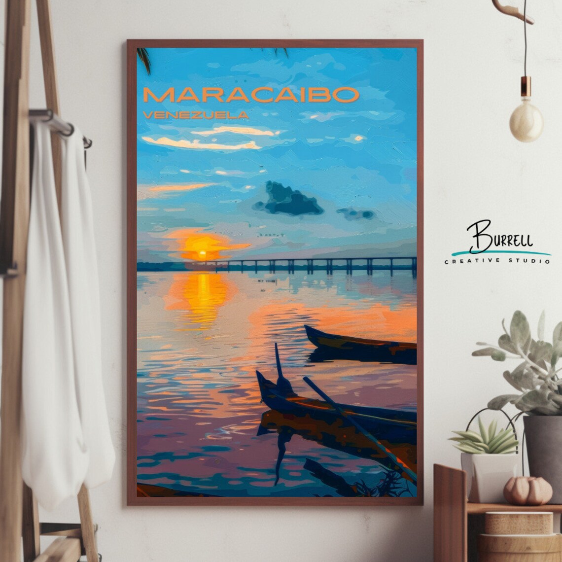 Maracaibo Venezuela Sunset Canoe Lake Bridge Colorful Travel Poster - Image 3