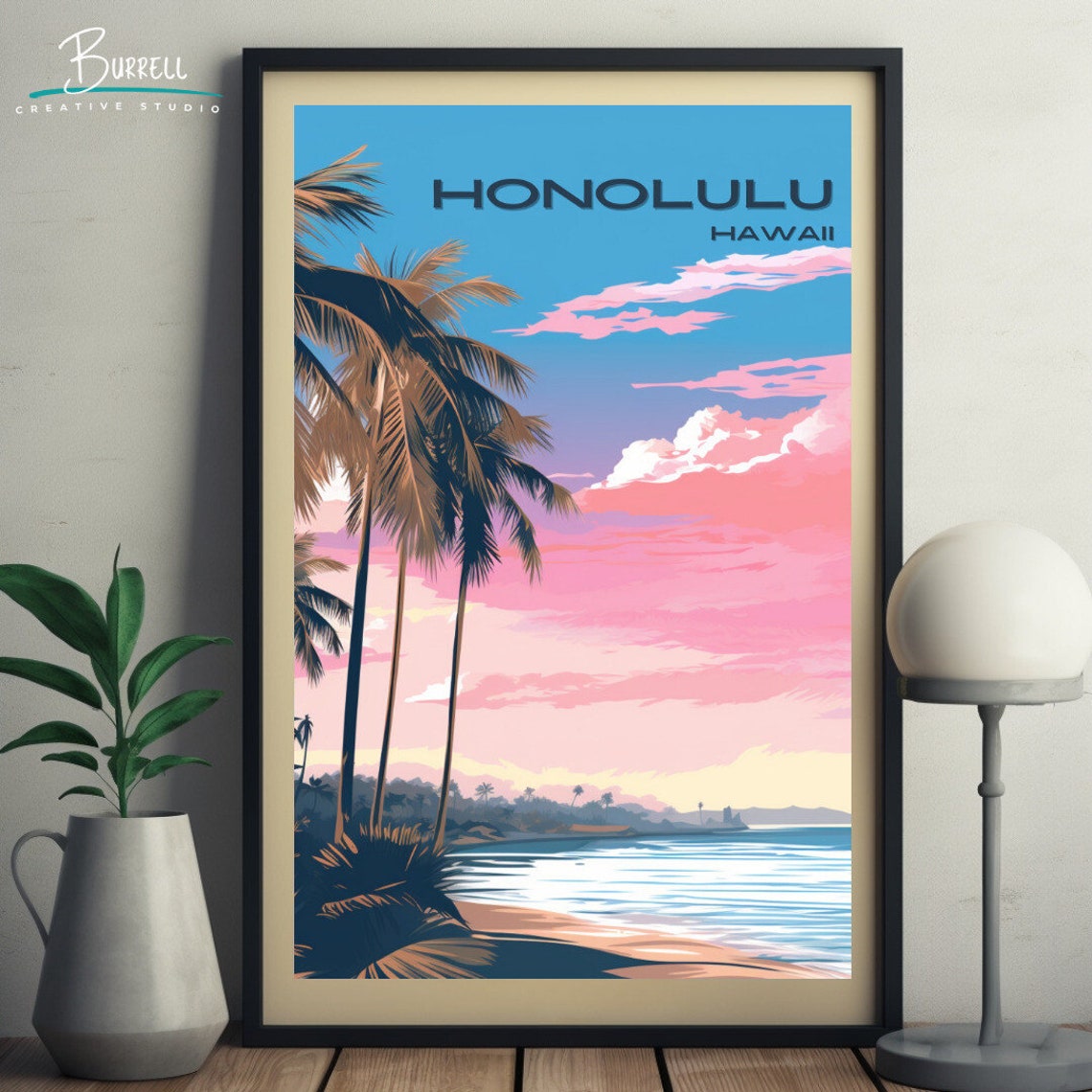 Honolulu Hawaii Palm Trees Sunset Beach Pink Sky Island Travel Poster - Image 5