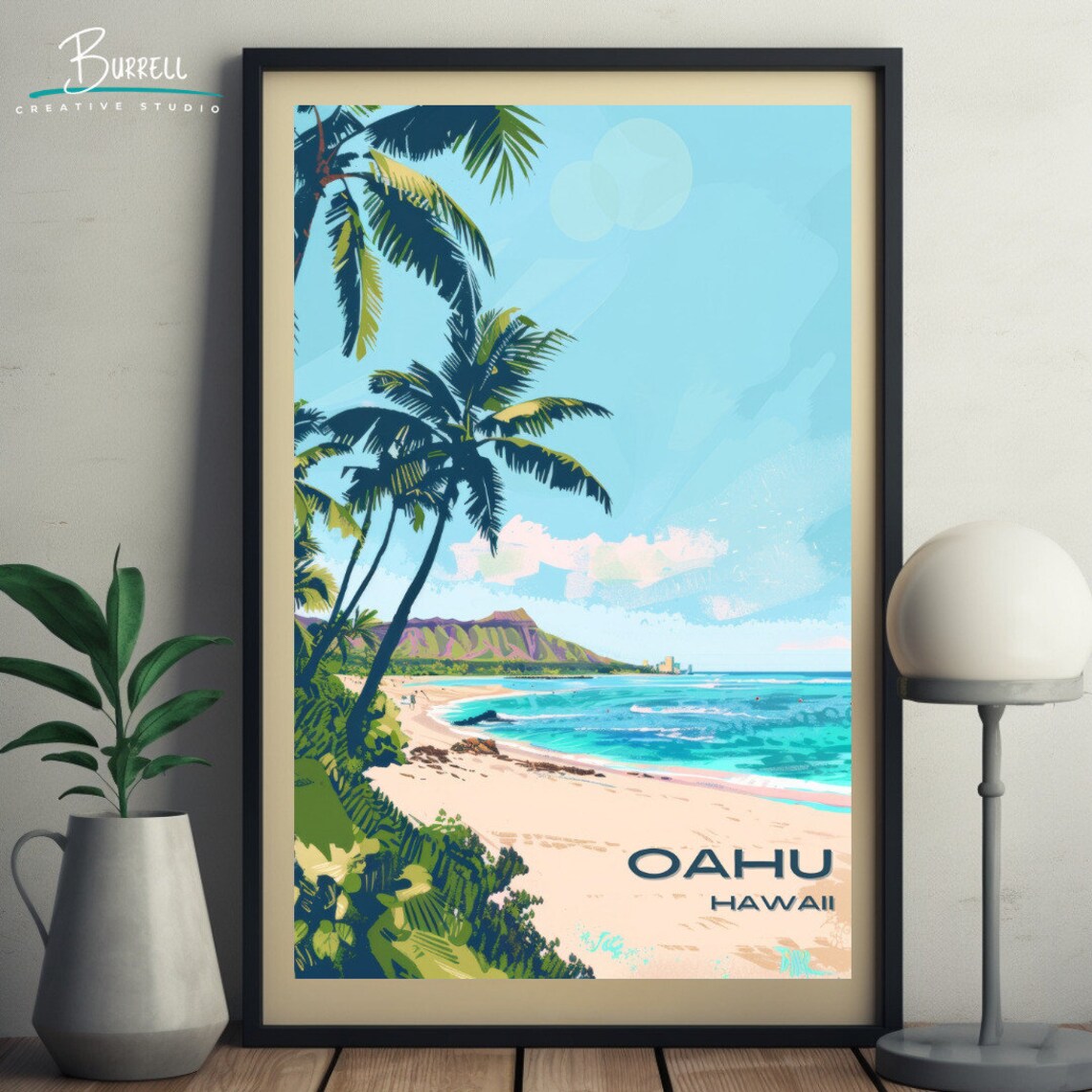 Oahu Hawaii Palm Lined Beach Volcanic Crater Horizon View Poster - Image 5