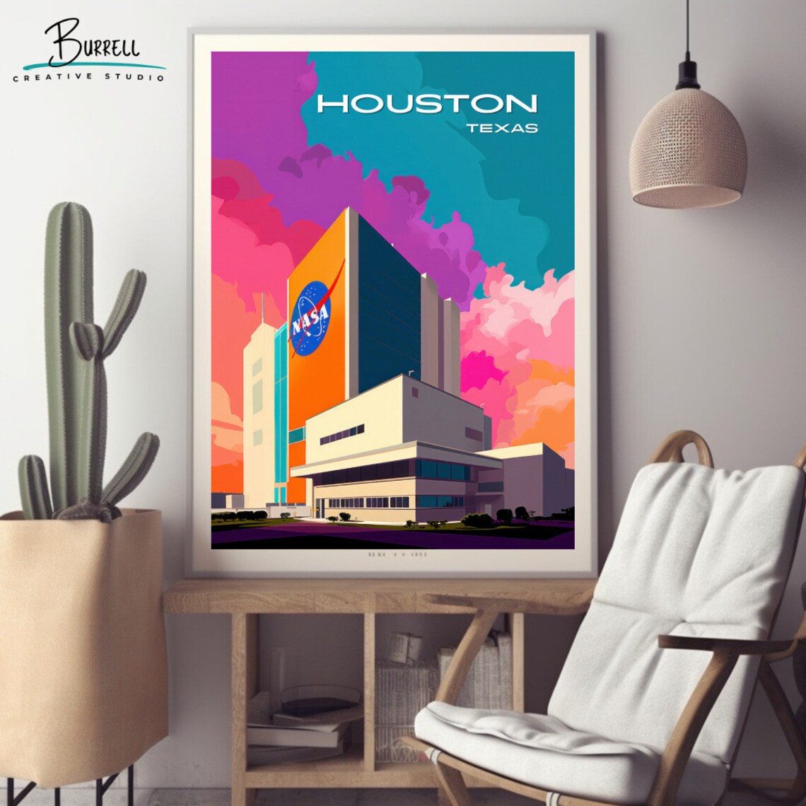 Houston Texas NASA Building Sunset Pink Sky Space City Travel Poster - Image 2