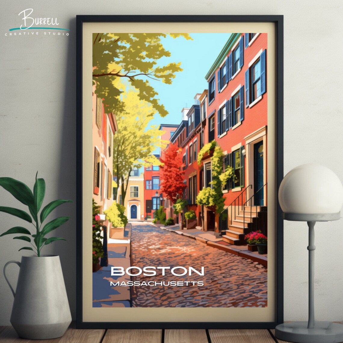 Boston Massachusetts Beacon Hill Brick Street Autumn Travel Poster - Image 4