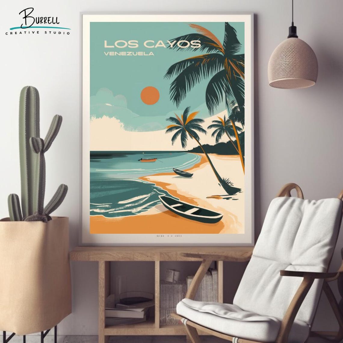 Los Cayos Venezuela Retro Palm Beach Sunset Fishing Boats Poster - Image 2