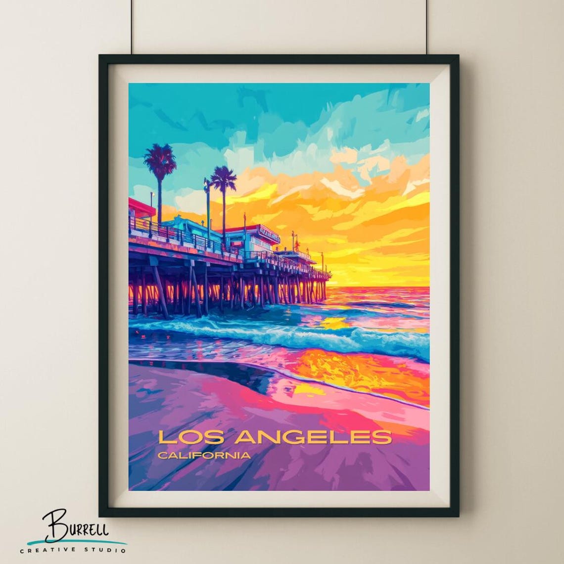Los Angeles Santa Monica Pier Sunset Waves Oceanfront Travel Poster