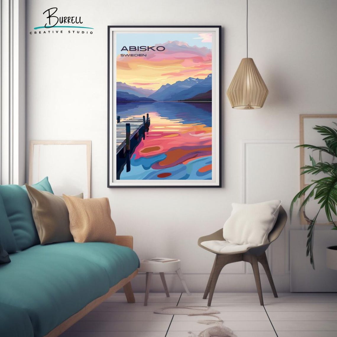 Abisko Sweden Lake Tornetrask Sunset Wooden Pier Arctic Travel Poster - Image 3