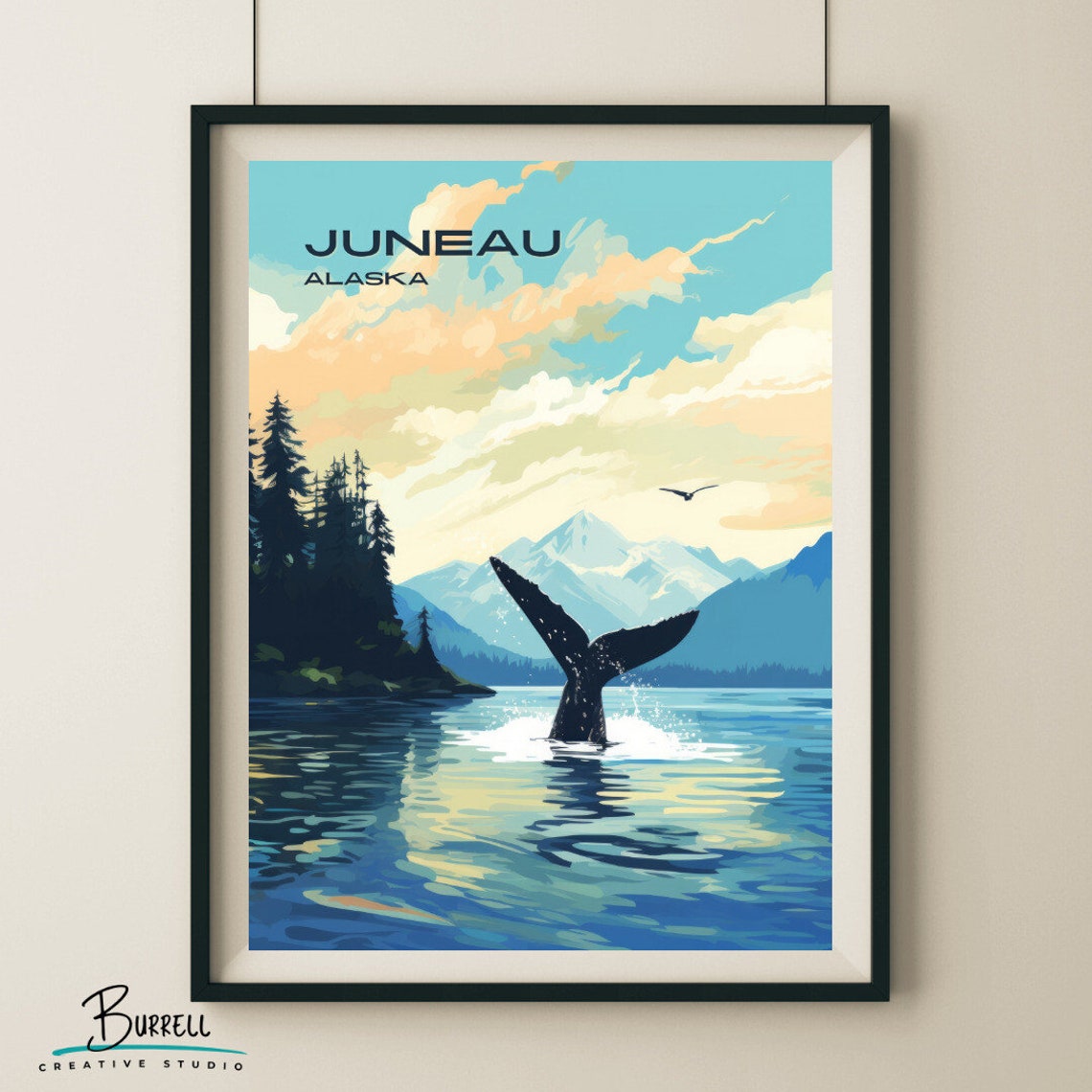 Juneau Alaska Humpback Whale Fluke Dive Mountain Lake Poster