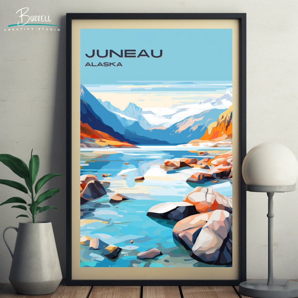 Juneau Alaska Glacial Lake Rocky Shore Snowy Peaks View Poster - Image 5