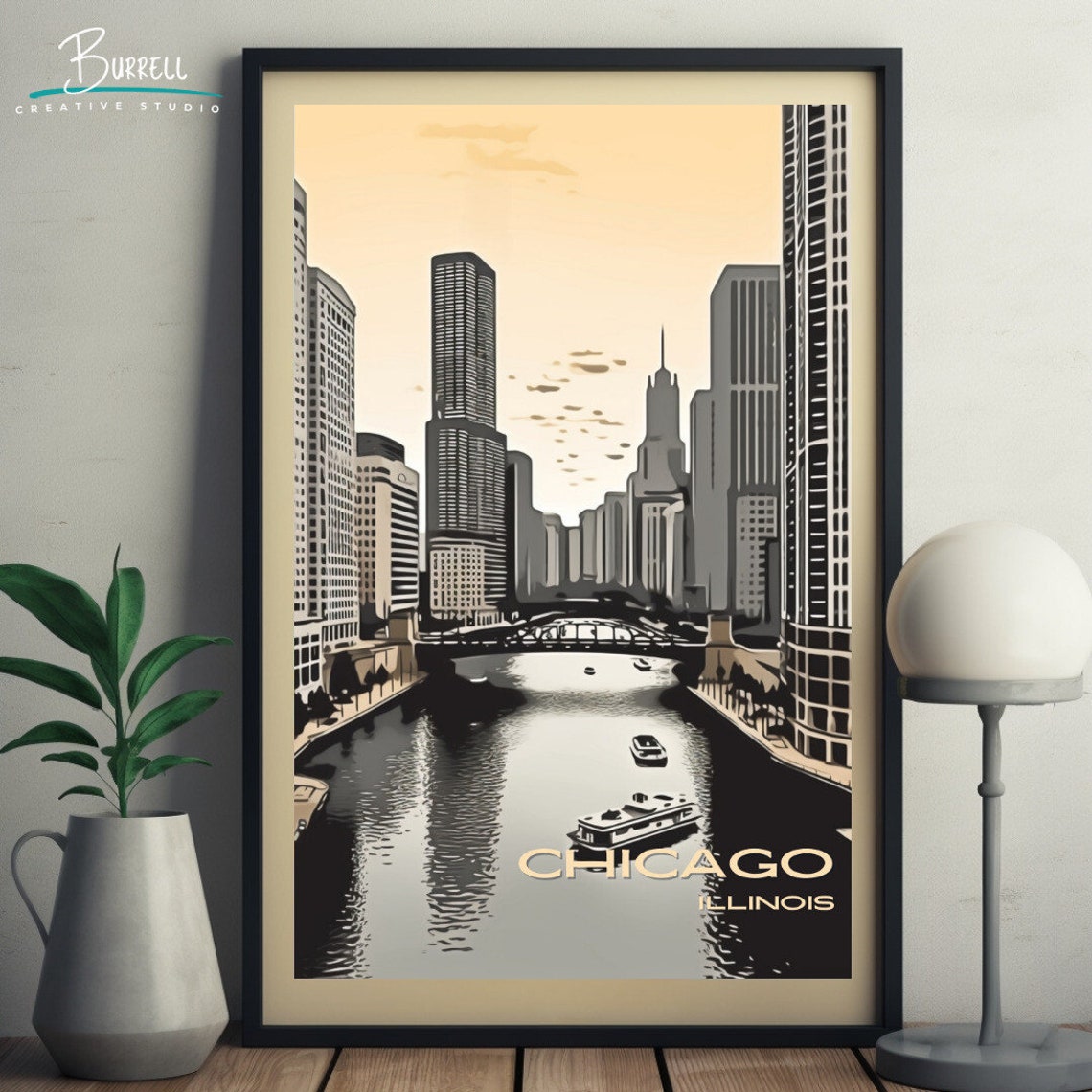Chicago Illinois Chicago River Skyline Bridge Illustration Poster - Image 5