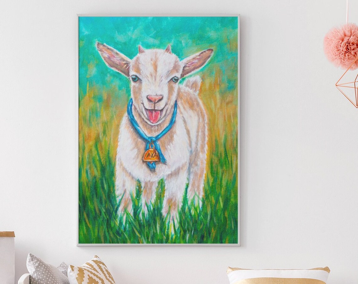Cute Happy Smiling Baby Goat Kid Lush Meadow Blue Bell Collar Wall Art