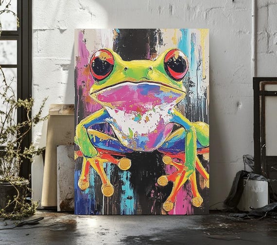 Frog Wall Art Canvas Green Tree Print Nursery Or Living Room Jungle Animal Decor Botanical Amphibian Painting Pond Wildlife