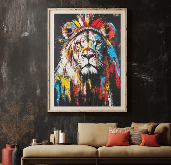 Lion Wall Art Tribal Animal Canvas Bold Painting Jungle Safari Decor Abstract Wildlife Print Modern Luxury