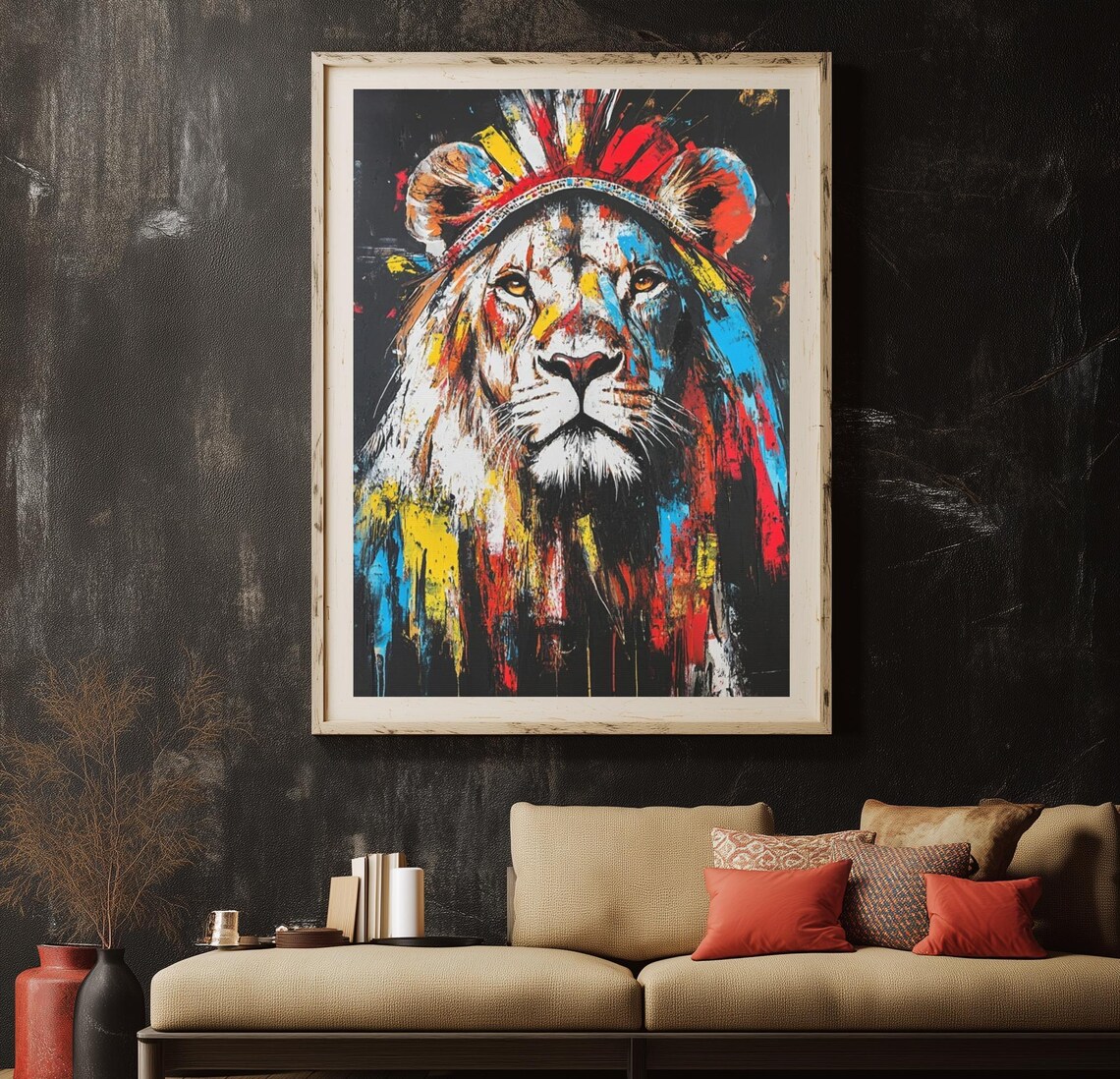 Majestic Lion in Colorful Tribal Headdress Bold Jungle King Poster