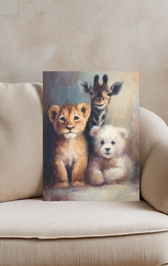 Cute Baby Lion Giraffe and Bear Cubs Nursery Safari Wall Art for Kids