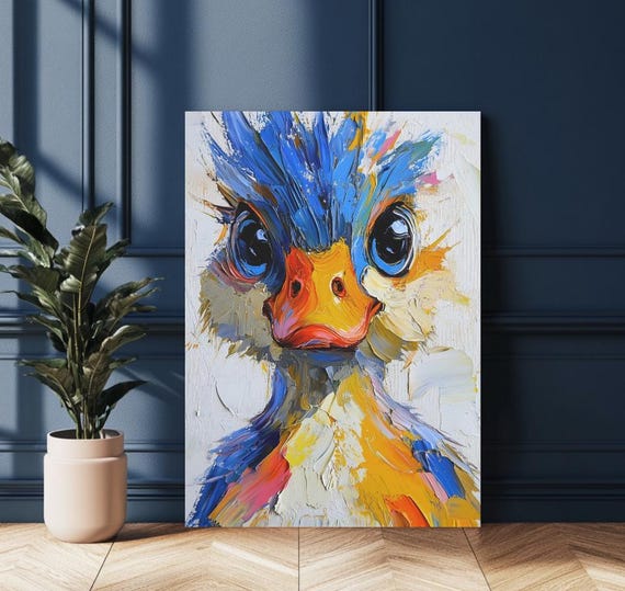Cute Baby Duck Canvas Colorful Duckling Wall Art Whimsical Nursery Animal Print Playful Kids Room Decor Bright Bird Painting Gift
