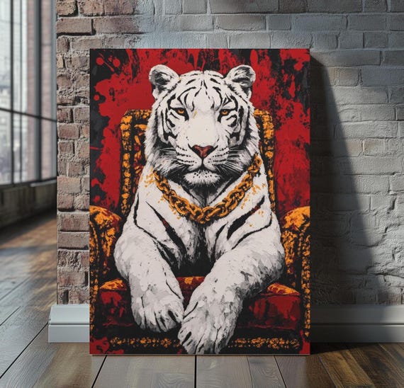 Luxury White Tiger Wall Art Modern Big Cat Canvas Bold Animal Artwork Regal Painting Jungle Decor Wildlife Print