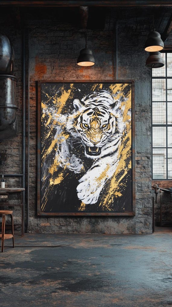 White Tiger Wall Art Luxury Jungle Canvas Print Bold Modern Animal Artwork For Living Room Decor Gold Black Statement Safari Painting