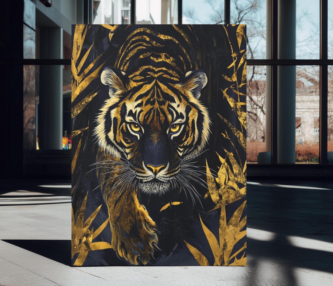 Luxury Gold Tiger Jungle Predator Black Canvas Fierce Wall Art