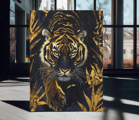 Luxury Tiger Canvas Wall Art Jungle Predator Decor Bold Safari Animal Print Gold Black Modern Powerful Poster Gift