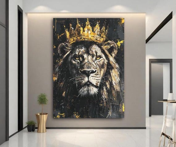 Gold Crowned King Lion Canvas Bold Jungle Wall Art For Living Room Or Office Powerful Masculine Statement Print Royal Animal Decor