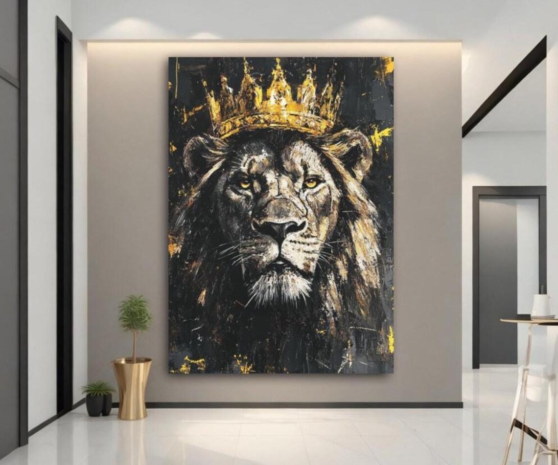 Regal Gold Crowned Lion King Black And Gold Jungle Animal Wall Art